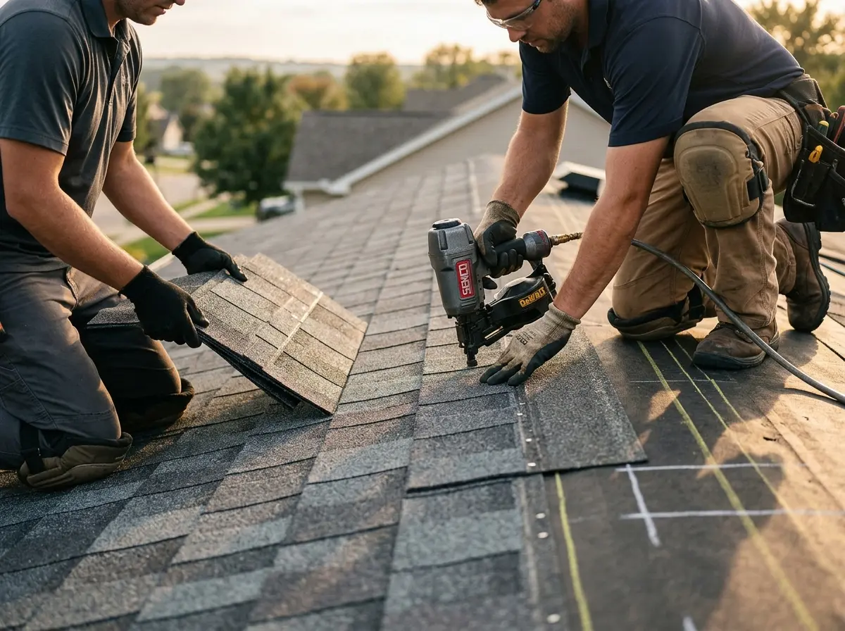 Professional roofer working on a residential roof in Westtown